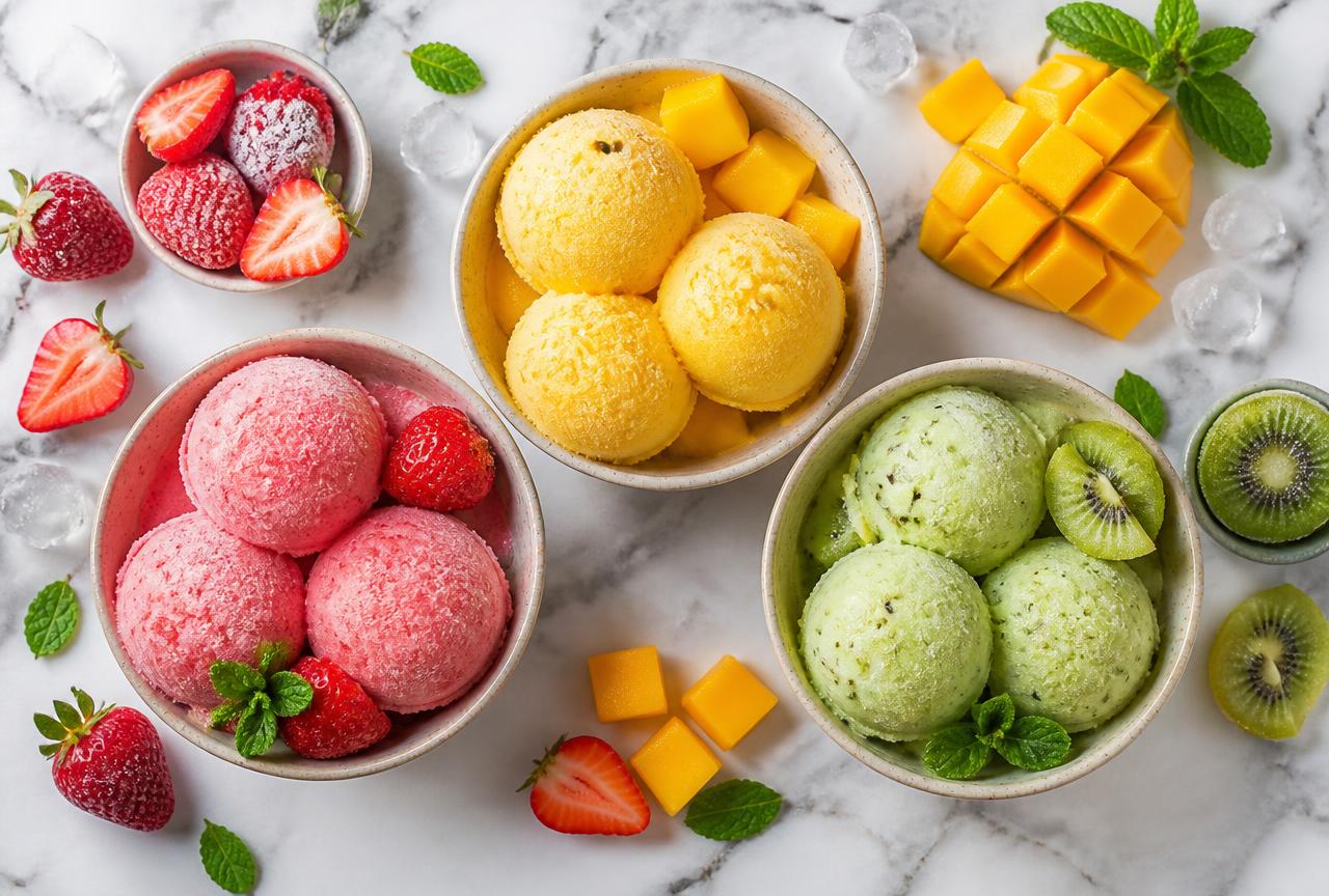 Tres cuencos de helado casero de fresa, mango y kiwi